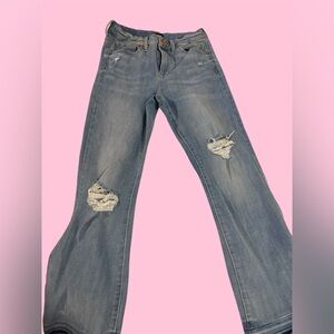Express Blue Cropped Flare High Rise Distressed Stretchy Women Jeans Size 0/2
